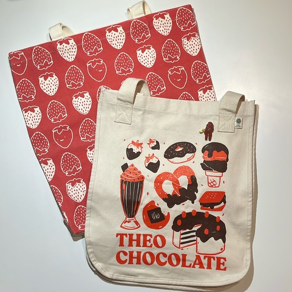 Set of 2 Canvas Totes & Enamel Pin - Theo Chocolate & Strawberries Print - Picture 1 of 14